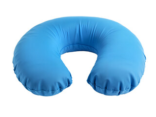 Blue neck pillow for travel comfort, U-shaped and soft texture, isolated on transparent. Generative AI