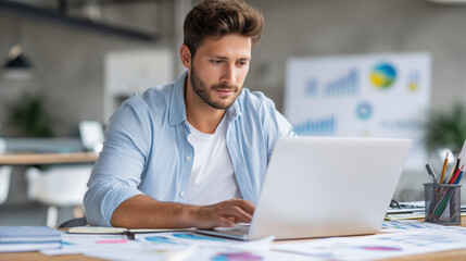 Fototapeta premium man working on laptop, finance, office worker, business man in office, working with laptop, data analysis, statistics 