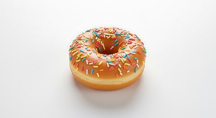 Donut with Rainbow Sprinkles on White Background in High-Key Studio Photograph Emphasizing Glossy Glaze and Colorful Candy Toppings
