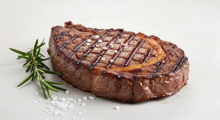 Grilled Ribeye Steak with Prominent Grill Marks, Rosemary Sprig and Coarse Sea Salt on White Surface in High-Resolution Close-Up Photograph Emphasizing Juicy Texture
