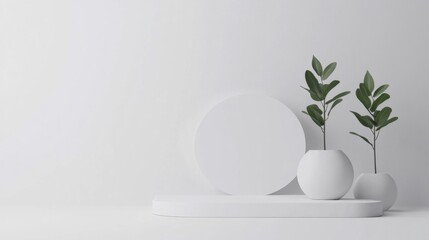Minimalist White Vases with Greenery on White Background