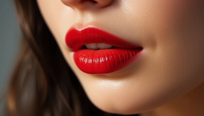 Fototapeta premium Close up of Woman s Lips with Vibrant Red Lipstick Smooth Skin Beauty and Makeup Concept