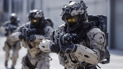 Advanced combat soldiers ready for battle in an urban war zone environment