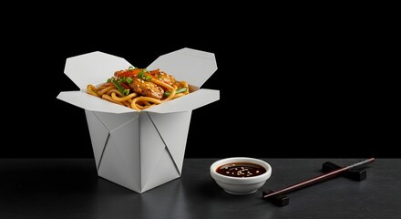 Noodle in Takeout Box with Chopsticks and Sauce