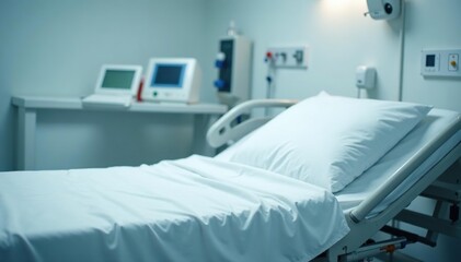 Empty hospital bed, crisp white sheets, ready for patient Medical equipment visible in background , oxygen tank, crisp
