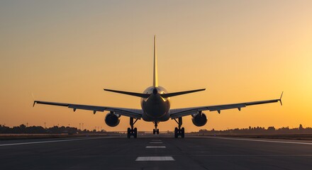 Naklejka premium Airplane on Runway at Sunset: A Majestic Silhouette