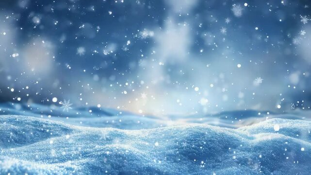 A serene winter snowscape with delicate snowflakes falling against a soft blue backdrop. The image captures the quiet beauty of the season, ideal for holiday and winter themes.