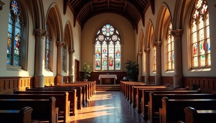 Serene interior of a traditional church, showcasing stained glass and architectural details , church, heavenly, tranquility