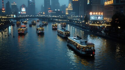 Night Canal Scene with Illuminated Boats in Chinese City