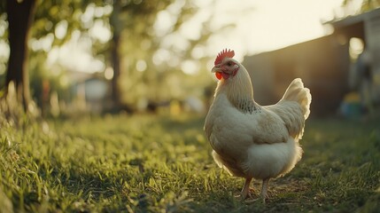Fototapeta premium A Single Chicken Standing In A Green Grassy Yard