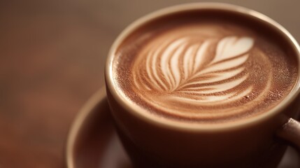 Latte art coffee cup in warm tones, a moment of crafted perfection.