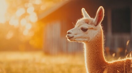 A llama stands gracefully in a field during sunset, illuminated by warm golden light with a rustic barn in the background
