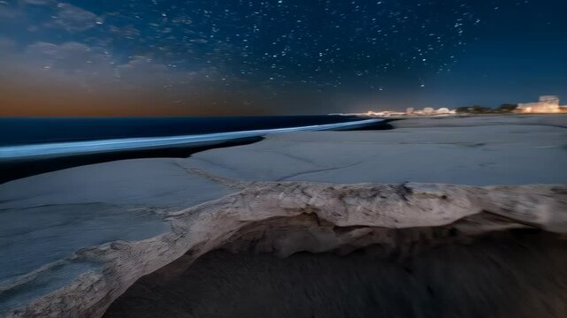 Dramatic night scene of a sandy beach with an undercut shoreline, distant city lights and a starry sky provides a serene and captivating scene.