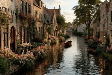 Fototapeta premium Charming Canal Scene with Historic Architecture and Lush Floral Decorations