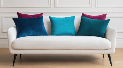 Elegant couch in neutral tones adorned with vibrant blue and purple pillows, set against a bright and airy wall