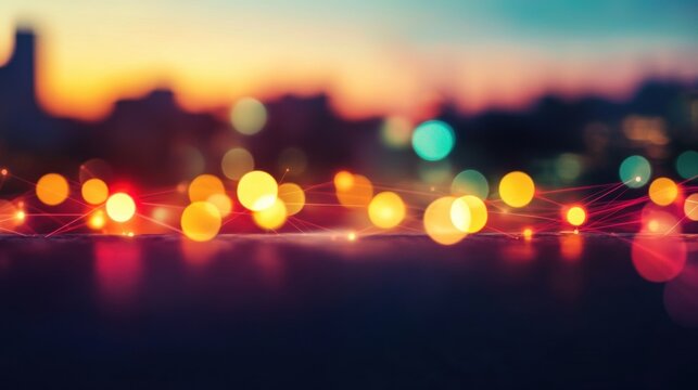 Bokeh lights shimmer in various colors as the sun sets, casting a warm glow over the city skyline and enhancing the evening??Ts ambiance