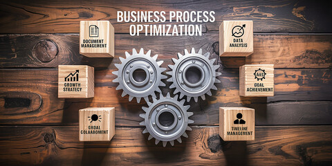 Strategic business management concept. Gears and wood cubes with icons on a table