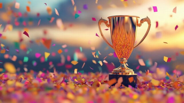 A shiny trophy stands proudly amidst a shower of vibrant confetti, celebrating a moment of achievement during a sunset event