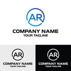 Initial AR letter geometric shaped rounded vector trendy modern logo design template. This image showcases three variations of a minimalist logo design featuring the letters 