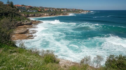 Fototapeta premium Ocean Waves Crashing on Rocky Coastline under Sunny Sky