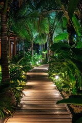 Obraz premium Nighttime pathway through tropical garden. Illuminated wooden walkway surrounded by lush vegetation