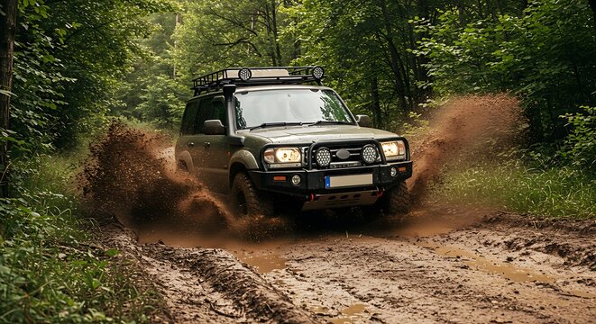 A powerful 4x4 off-road vehicle dramatically splashes through deep mud on a challenging forest trail, showcasing rugged adventure.