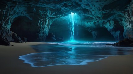Mystical 3D rendering of a secret beach cave, glowing with bioluminescent waves