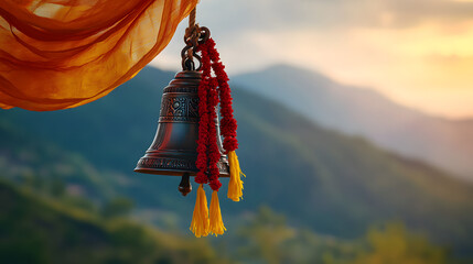 A bell is hanging from a colorful scarf