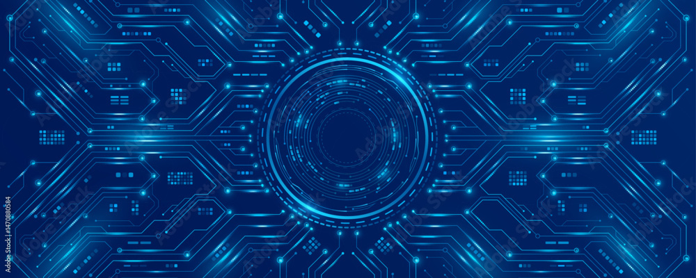 Fototapete AI circuit board with glowing electronics elements and digital HUD circle on blue backdrop. UI and GUI design. Futuristic high tech panel of connected lines. Scientific Technology background. Vector