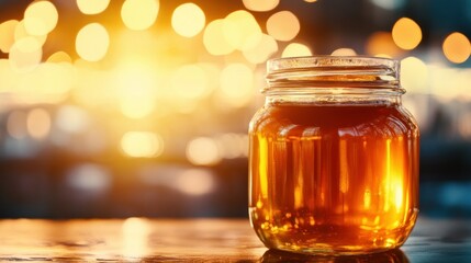 A glass jar filled with a golden liquid substance on display