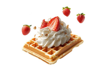 Floating waffles with strawberries and whipped cream 