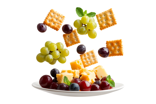 Floating cheese platter with grapes and crackers isolated on transparent background
