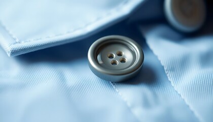 close up of a button on a blue shirt