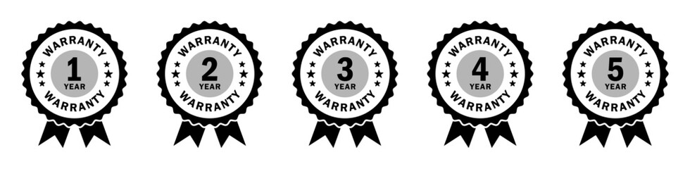 Set of warranty badges for 1 to 5 years with ribbon and star design. Ideal for product packaging, branding, service guarantees, and promotional materials. Vector, icons, warranty.