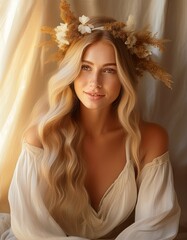 Fototapeta premium Boho-Frau mit Blumenkranz im Haar