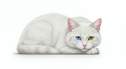 Obraz premium Sleepy White Cat with Heterochromia Blue and Green Eyes Resting Head on White Surface