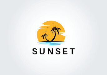 Tropical Sunset Logo with Palm Trees and Ocean Reflection