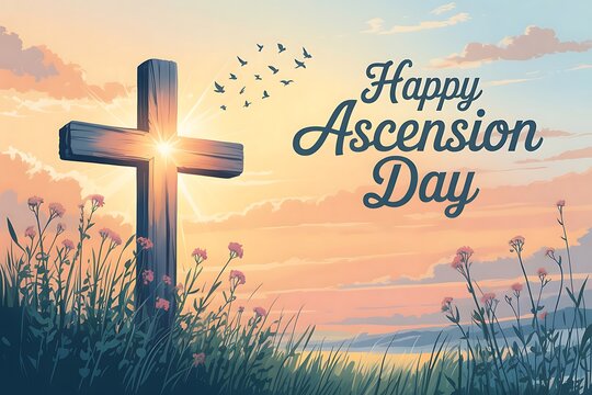 Happy Ascension Day: A peaceful sunrise illuminates a rustic wooden cross, birds ascending, wildflowers in bloom and Soft. - Powered by Adobe