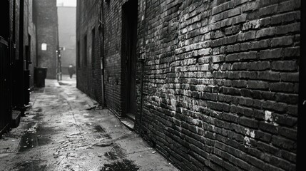 Obraz premium A narrow and wet alleyway between two old brick buildings