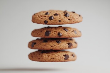 Delicious chocolate chip cookies stacked in the air