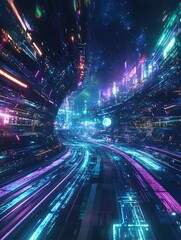 Fototapeta premium Futuristic city tunnel with vibrant neon lights and digital data streams