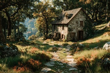 Enchanting Forest Retreat with Stone Cottage and Serene Lake View