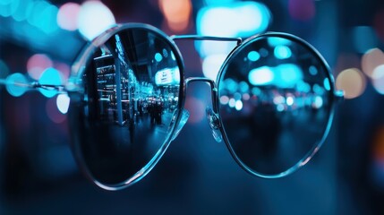 Sunglasses Reflecting a Brightly Lit Indoor Environment at Night