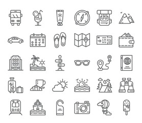 Travel essentials icons for a vacation