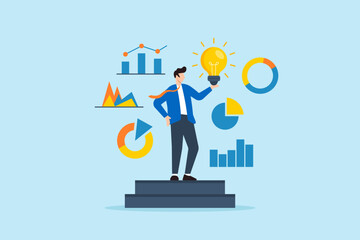 Flat illustration of leader standing on stage while holding lightbulb and analyzing colorful charts representing creative thinking and data-driven decision making