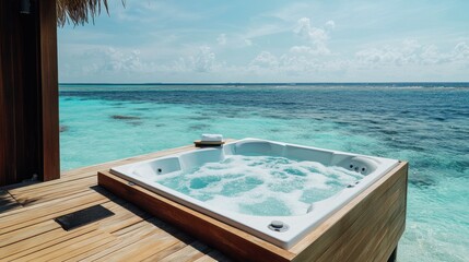 Fototapeta premium Luxurious hot tub overlooking serene turquoise ocean waters