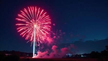 Vibrant fireworks burst against a night sky, illuminating the darkness , intense, bright