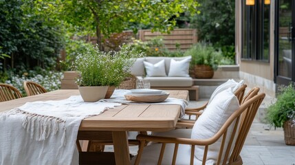 Fototapeta premium Cozy outdoor dining area with plants and modern furniture