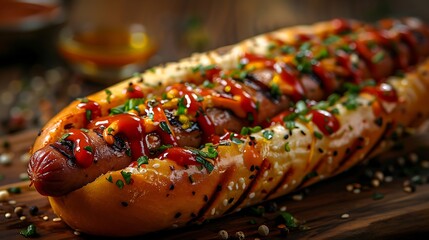 Delicious Grilled Hot Dog in Toasted Bun with Ketchup Mustard and Chives A mouthwatering food photography