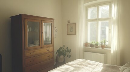 A sunlit bedroom interior featuring a large wooden cabinet and window